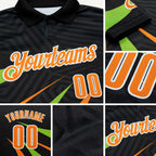 Custom Black Bay Orange-Neon Green 3D Bowling Geometric Shape Performance Polo Shirt detail