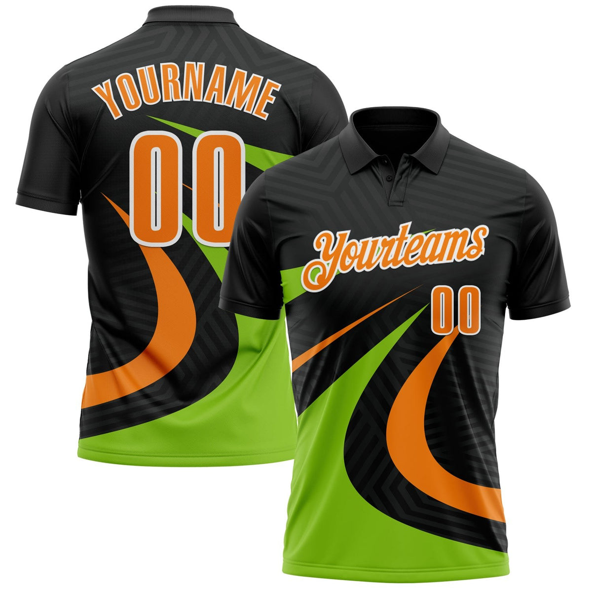 Custom Black Bay Orange-Neon Green 3D Bowling Geometric Shape Performance Polo Shirt photo 1