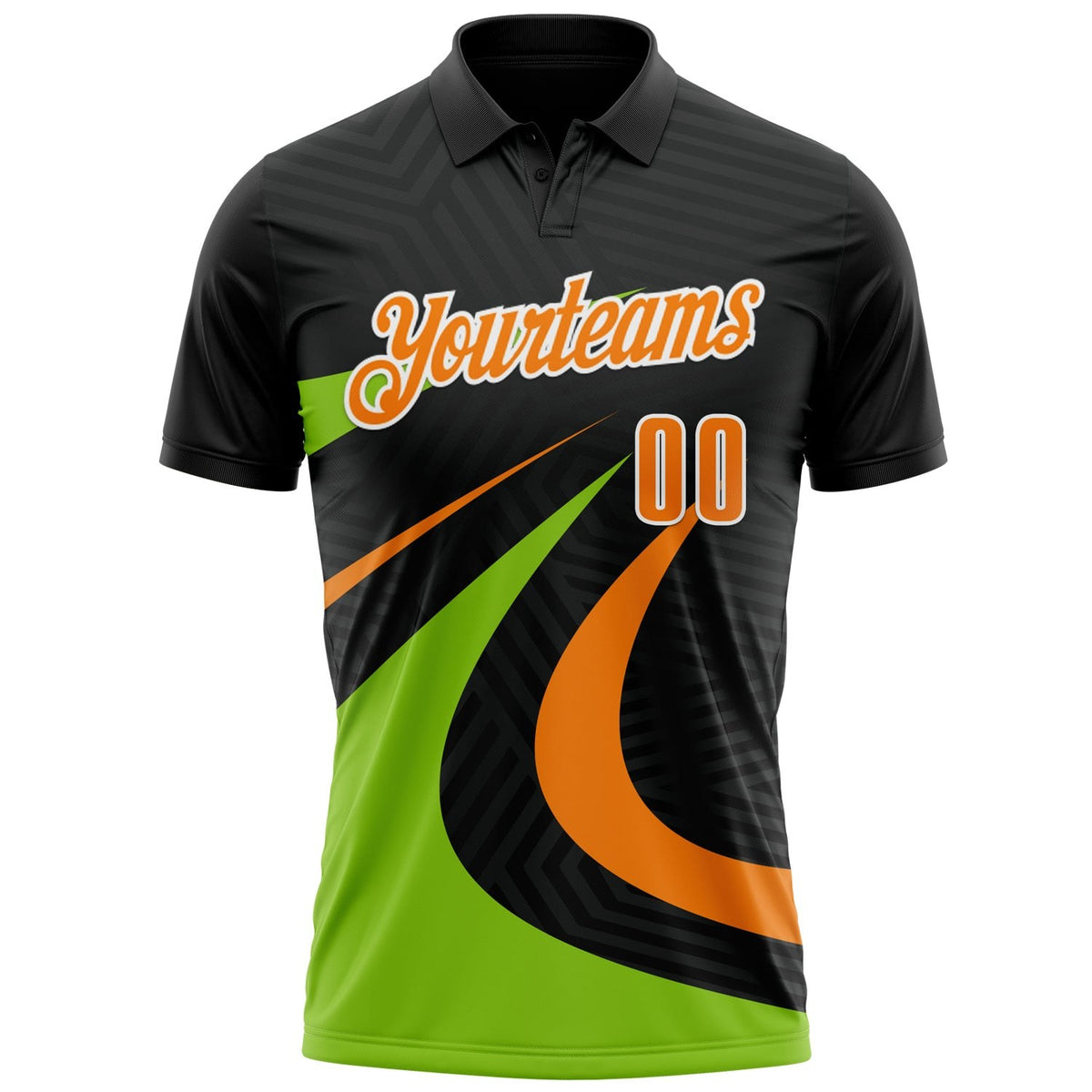 Custom Black Bay Orange-Neon Green 3D Bowling Geometric Shape Performance Polo Shirt photo 2