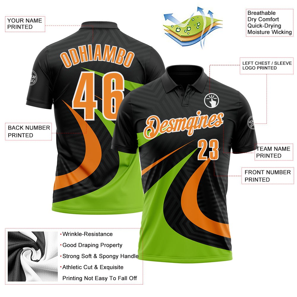 Custom Black Bay Orange-Neon Green 3D Bowling Geometric Shape Performance Polo Shirt photo 3