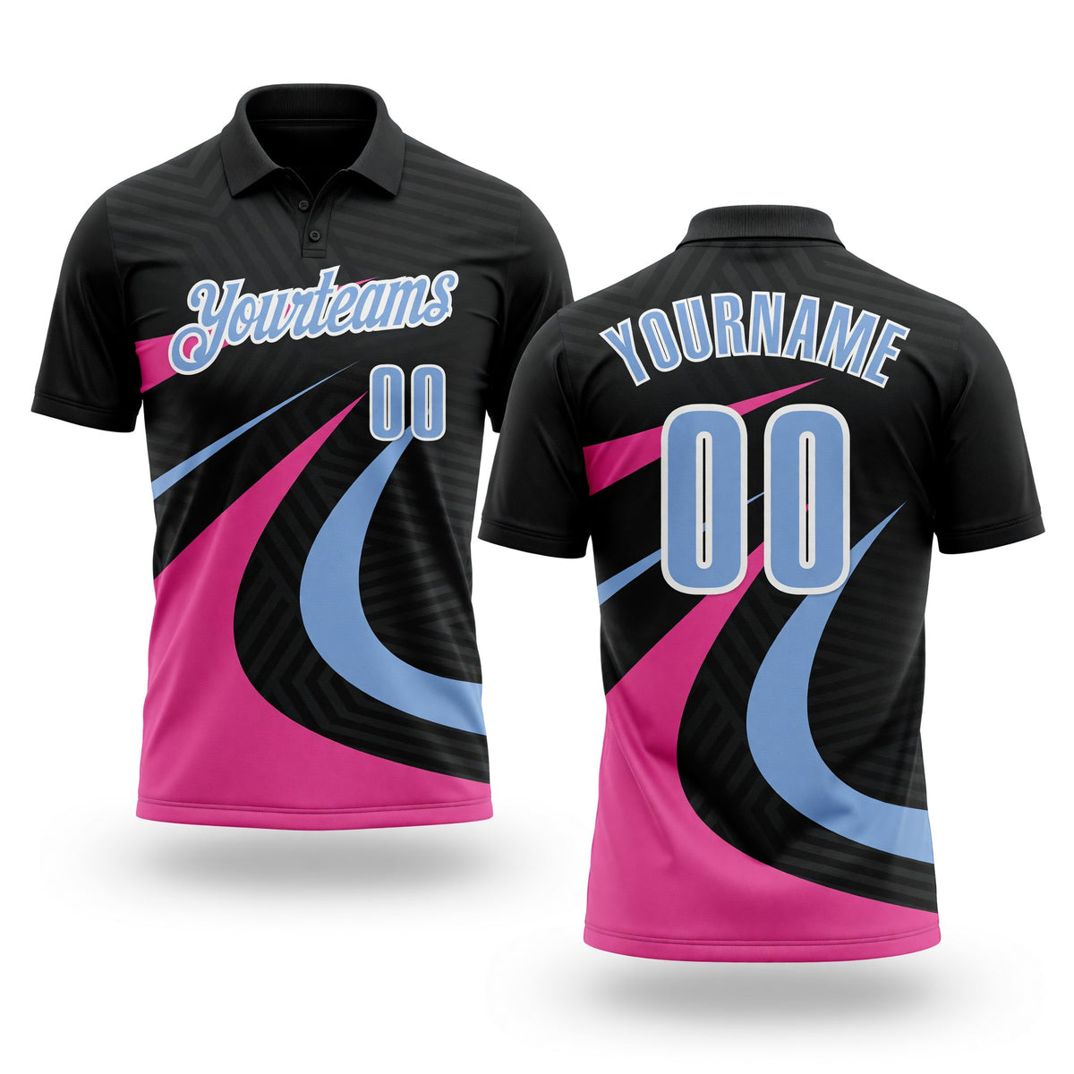 Custom Black Light Blue-Pink 3D Bowling Geometric Shape Performance Polo Shirt