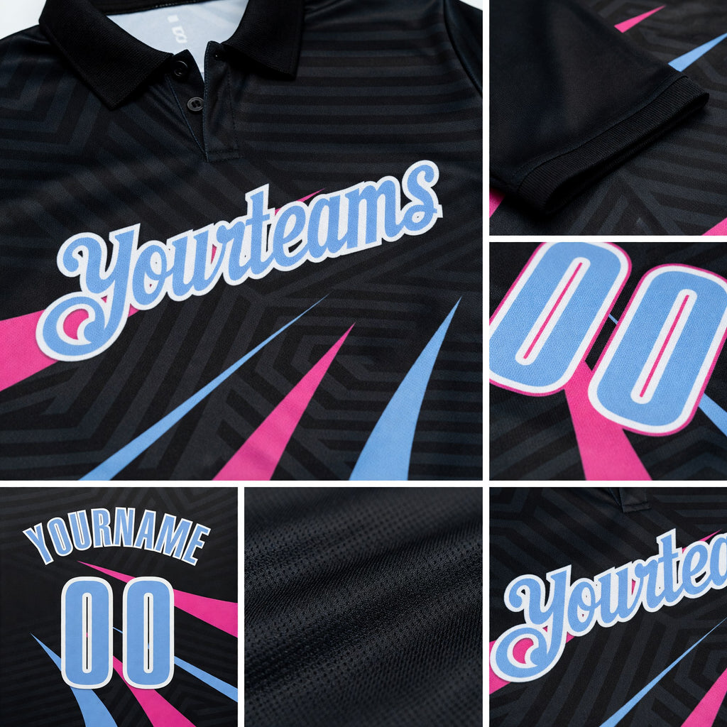 Custom Black Light Blue-Pink 3D Bowling Geometric Shape Performance Polo Shirt detail
