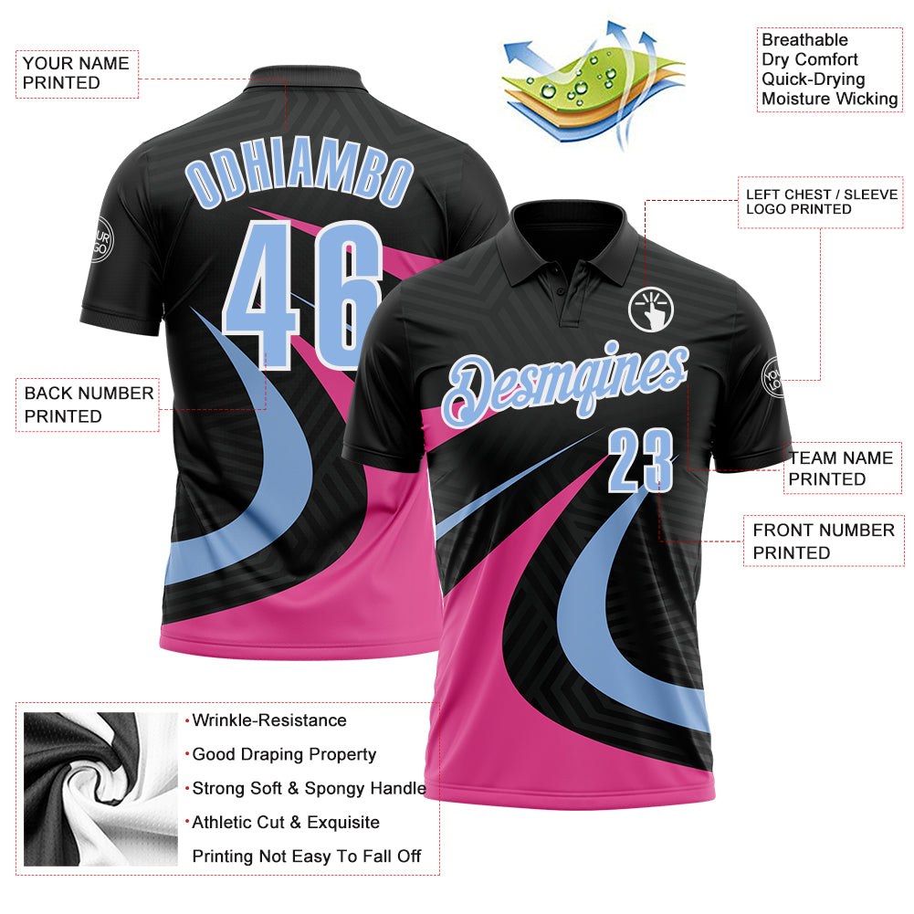 Custom Black Light Blue-Pink 3D Bowling Geometric Shape Performance Polo Shirt photo 3