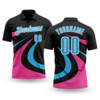 Custom Black Sky Blue-Pink 3D Bowling Geometric Shape Performance Polo Shirt