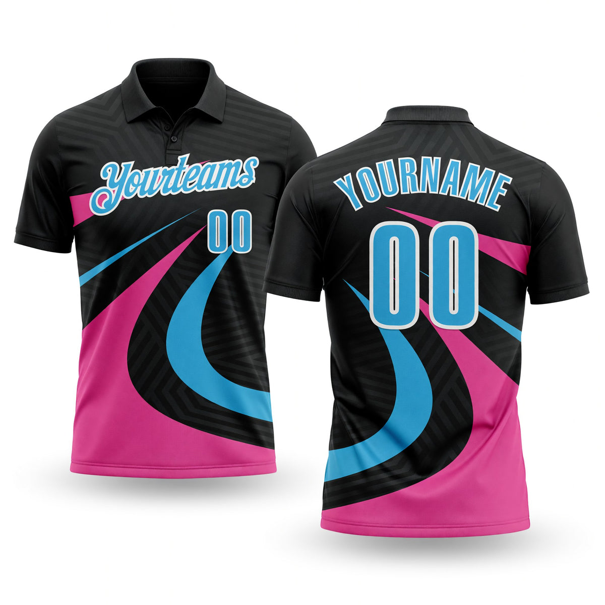 Custom Black Sky Blue-Pink 3D Bowling Geometric Shape Performance Polo Shirt