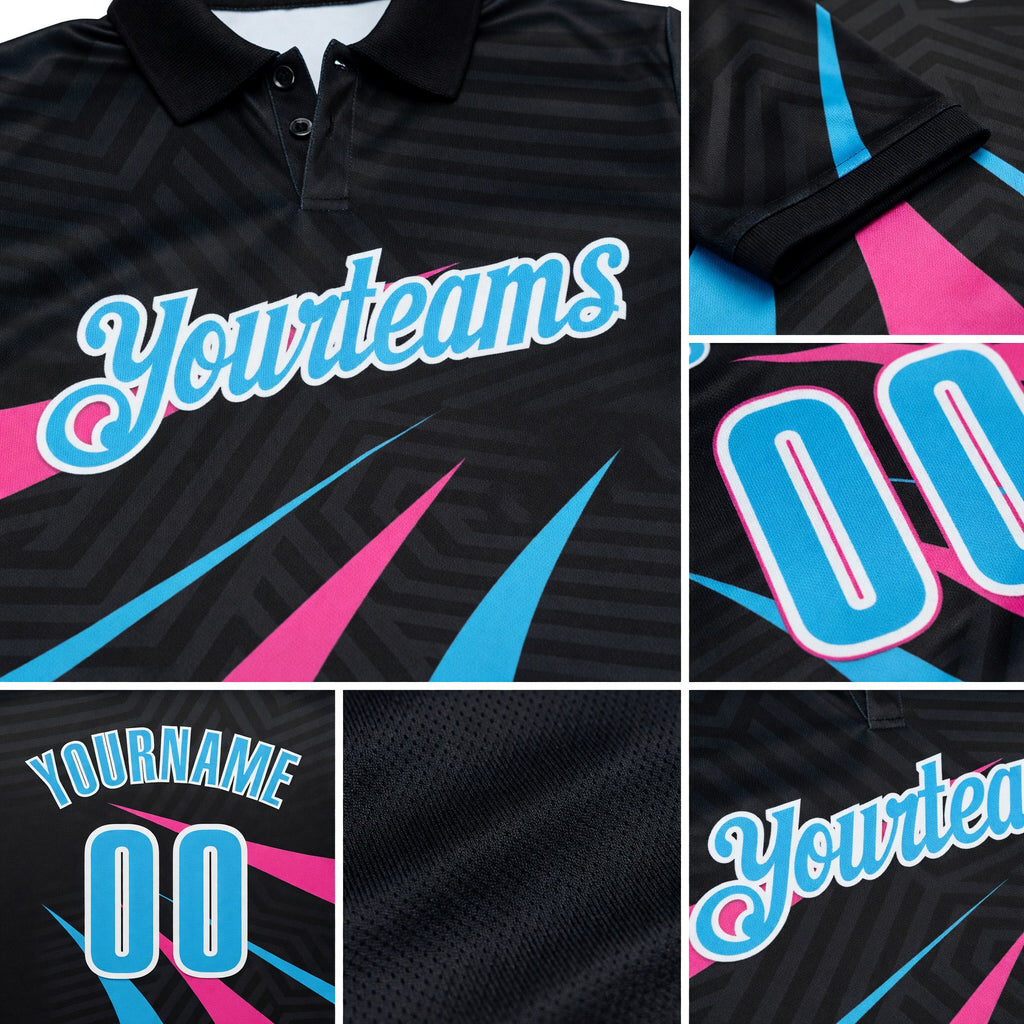 Custom Black Sky Blue-Pink 3D Bowling Geometric Shape Performance Polo Shirt detail