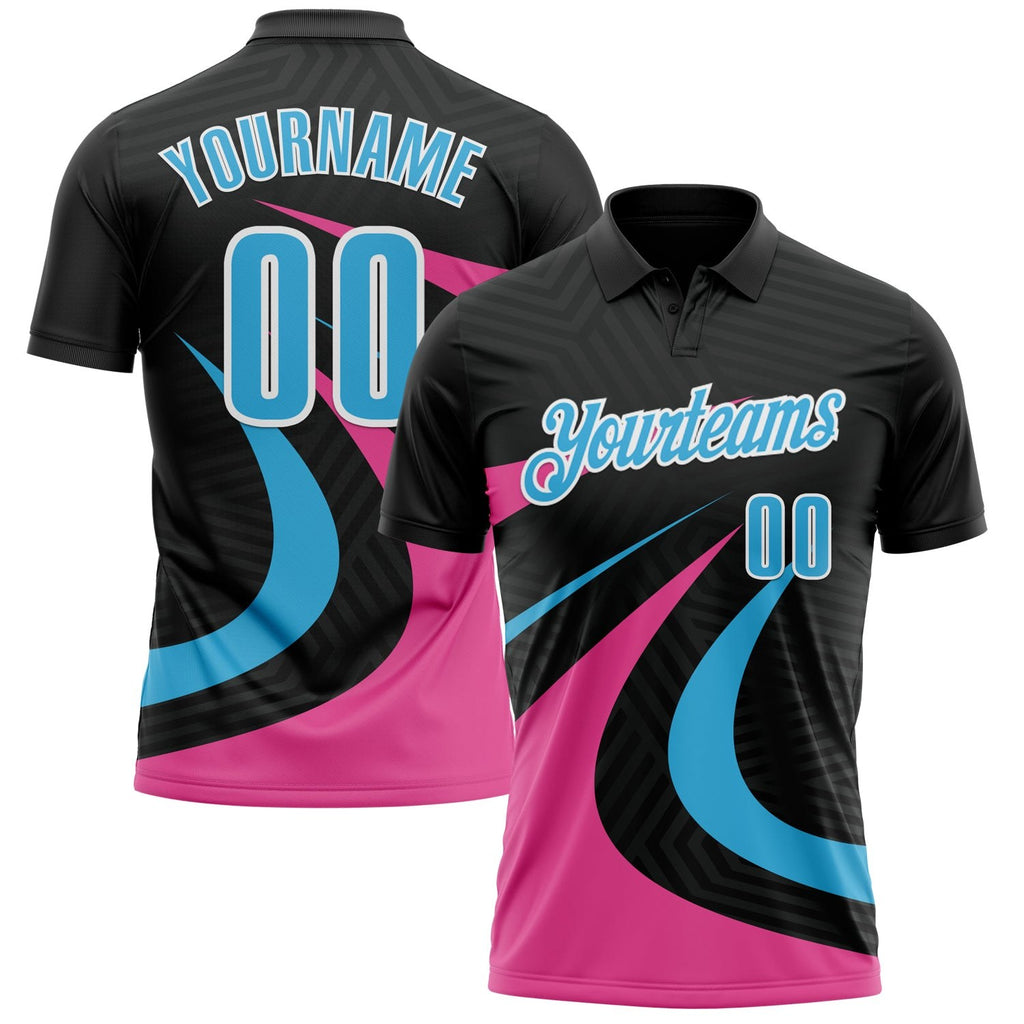 Custom Black Sky Blue-Pink 3D Bowling Geometric Shape Performance Polo Shirt photo 1