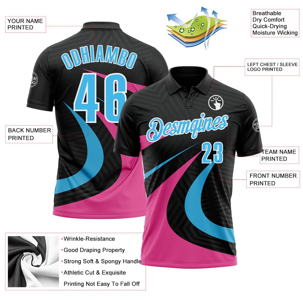 Custom Black Sky Blue-Pink 3D Bowling Geometric Shape Performance Polo Shirt photo 3