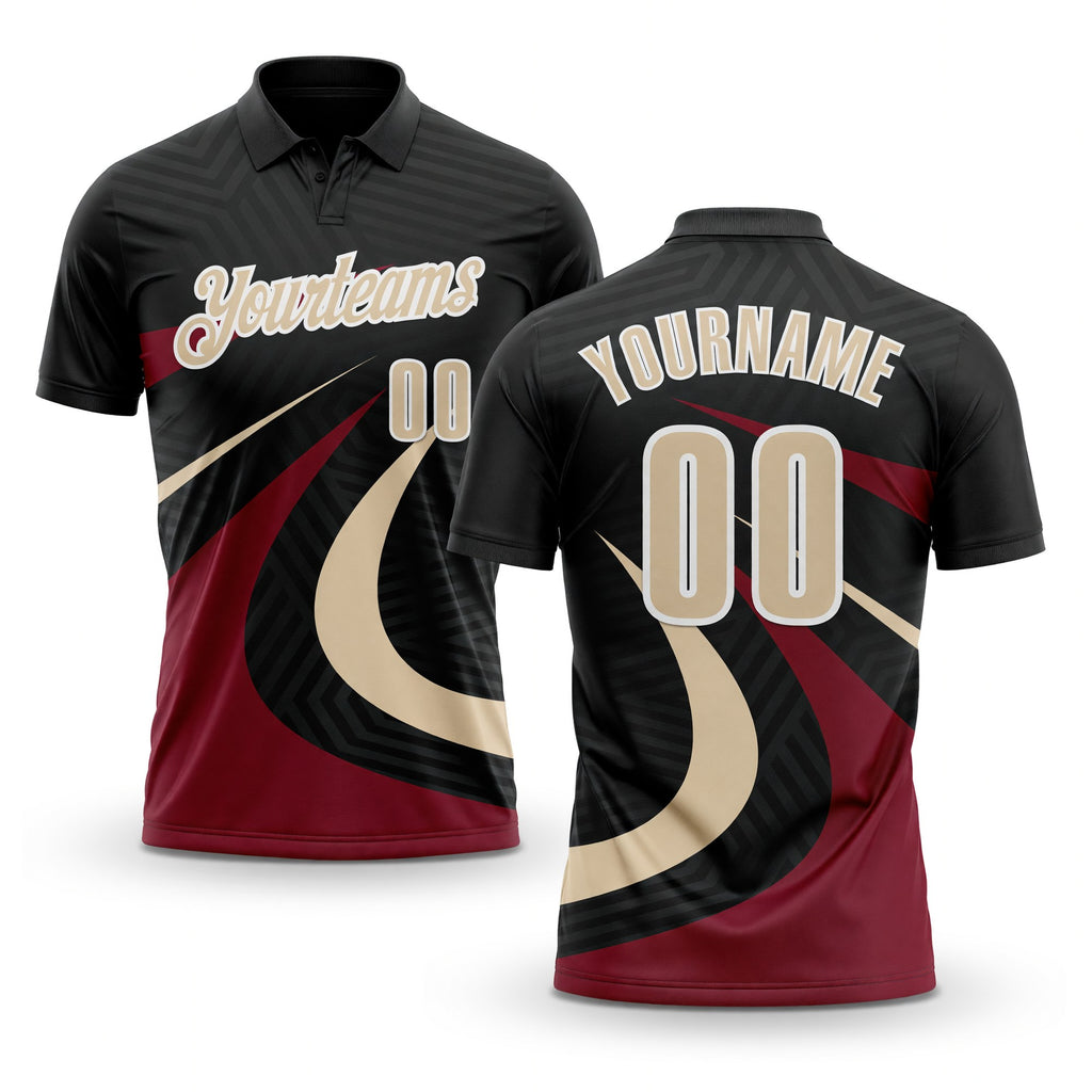 Custom Black Cream-Crimson 3D Bowling Geometric Shape Performance Polo Shirt
