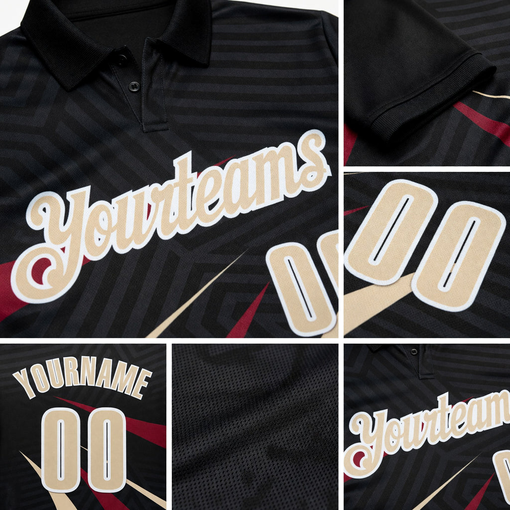 Custom Black Cream-Crimson 3D Bowling Geometric Shape Performance Polo Shirt detail