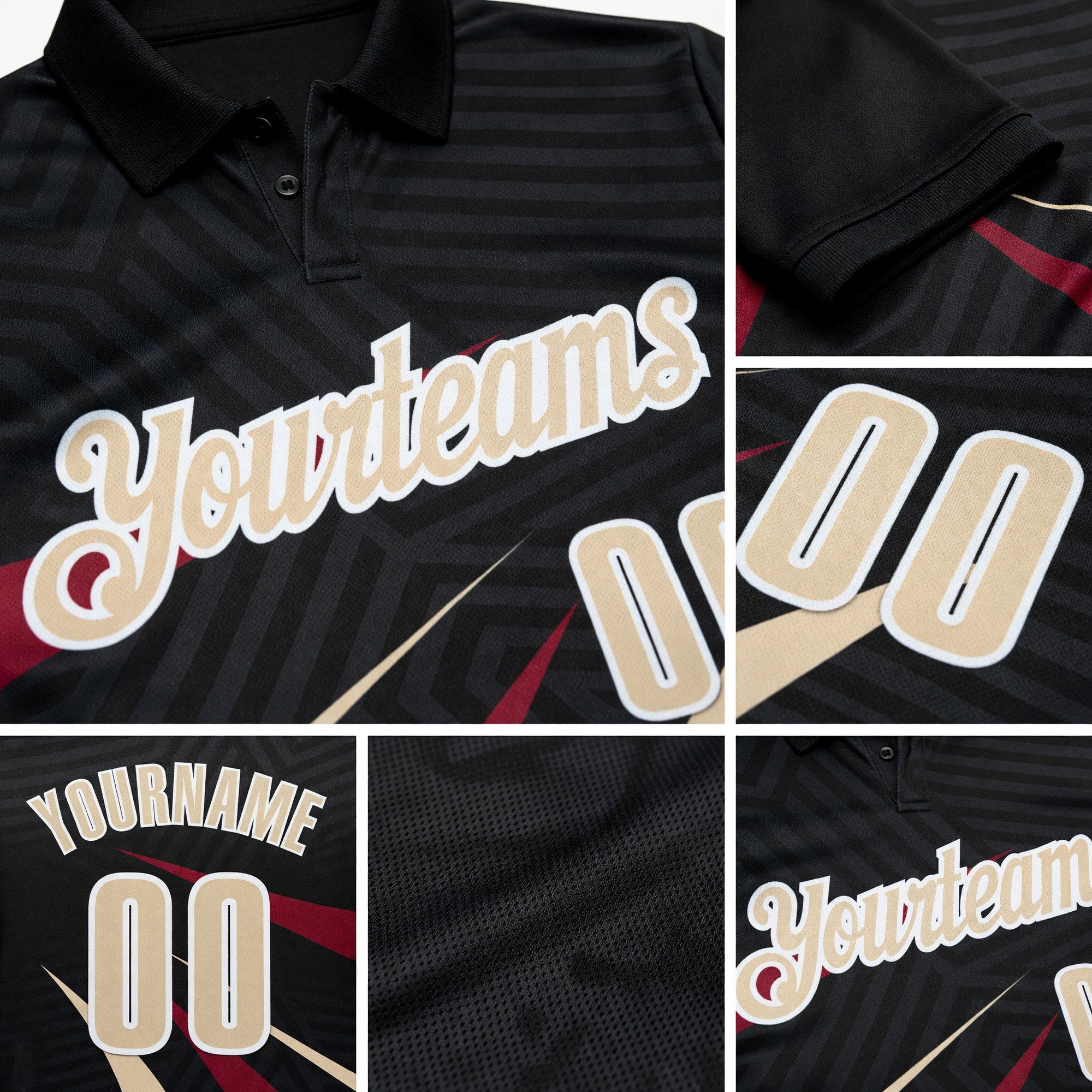 Custom Black Cream-Crimson 3D Bowling Geometric Shape Performance Polo Shirt detail