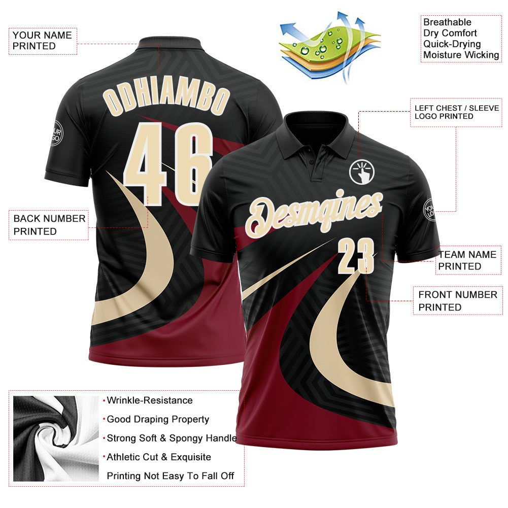 Custom Black Cream-Crimson 3D Bowling Geometric Shape Performance Polo Shirt photo 3