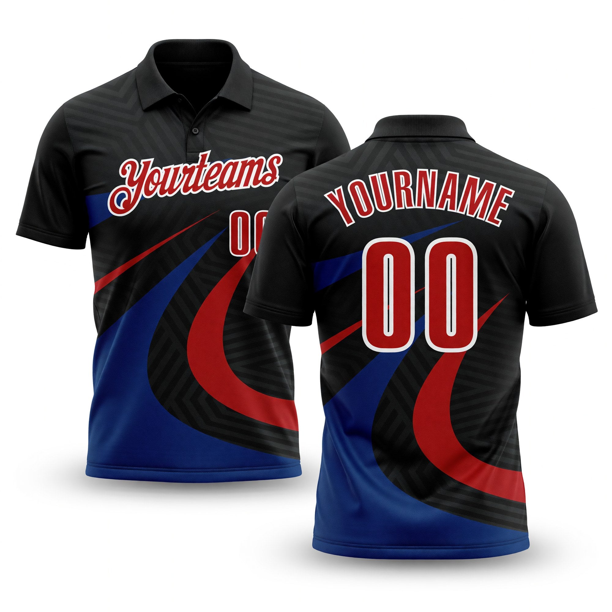 Custom Black Red-Royal 3D Bowling Geometric Shape Performance Polo Shirt