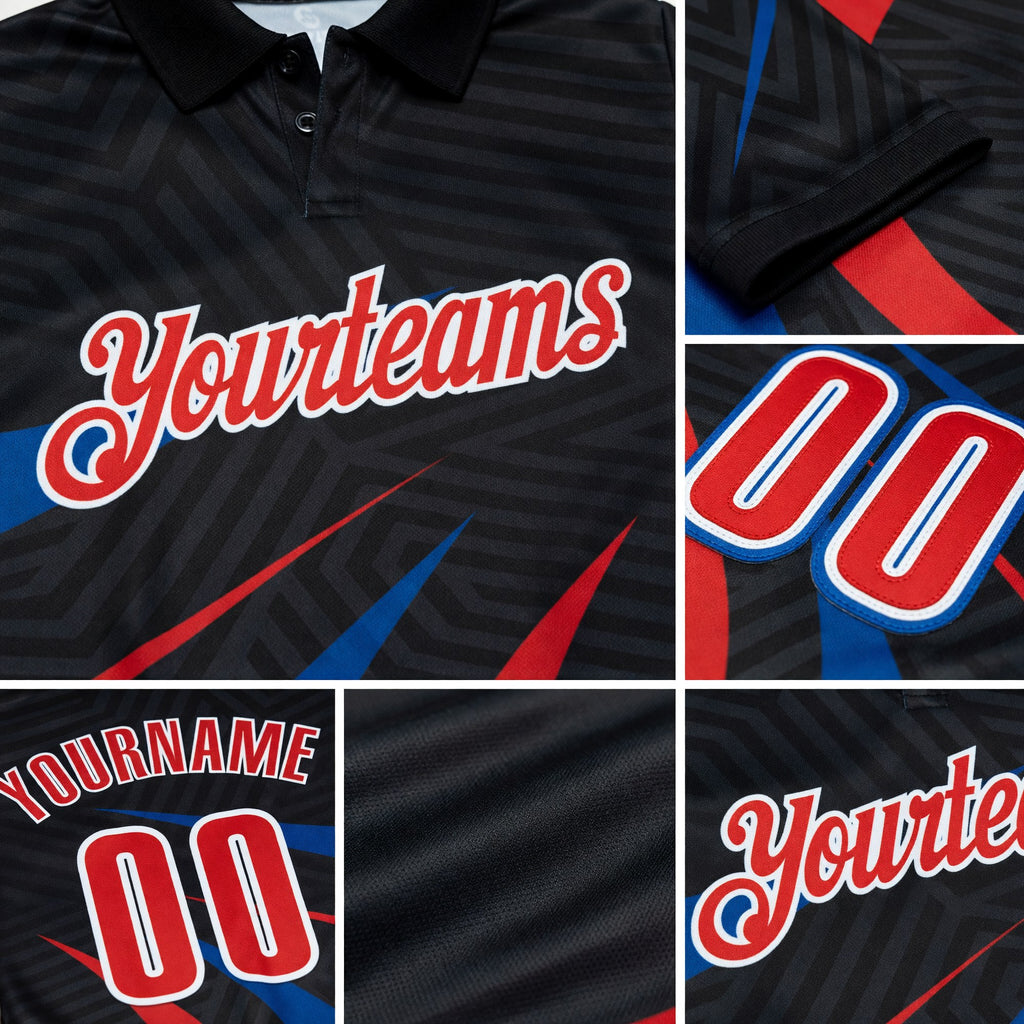 Custom Black Red-Royal 3D Bowling Geometric Shape Performance Polo Shirt detail