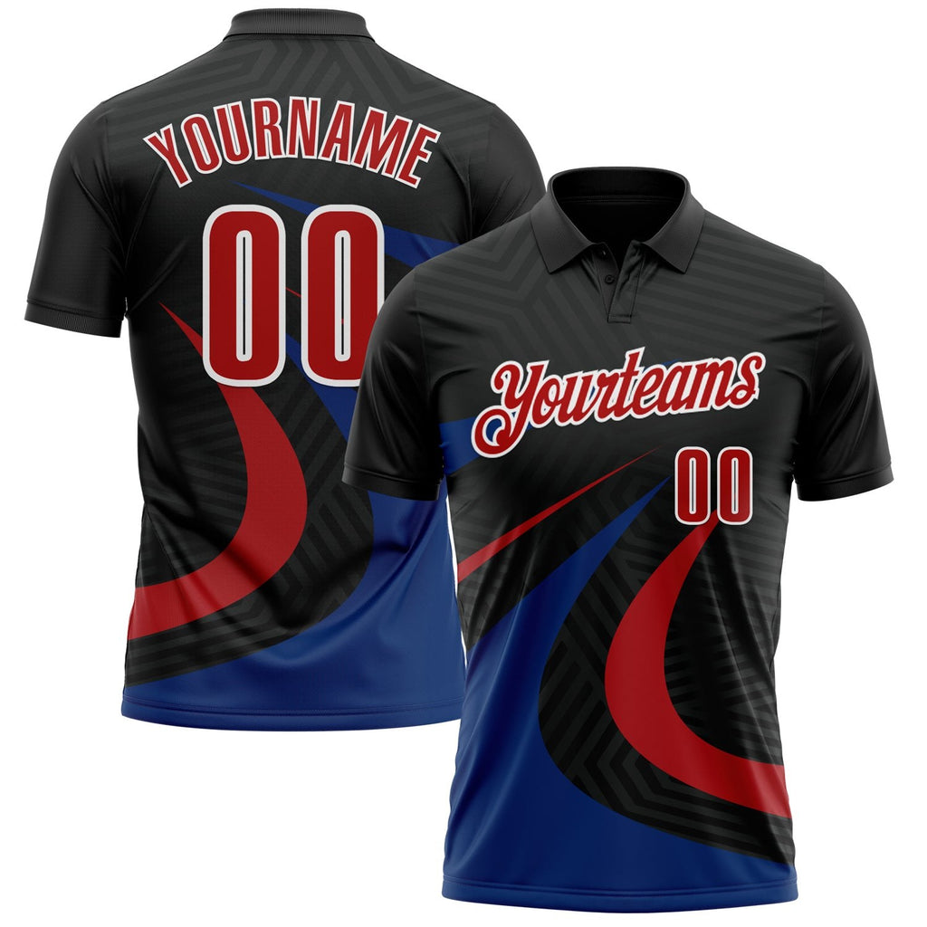 Custom Black Red-Royal 3D Bowling Geometric Shape Performance Polo Shirt photo 1