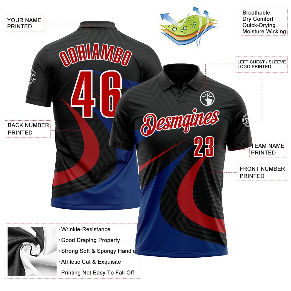 Custom Black Red-Royal 3D Bowling Geometric Shape Performance Polo Shirt photo 3