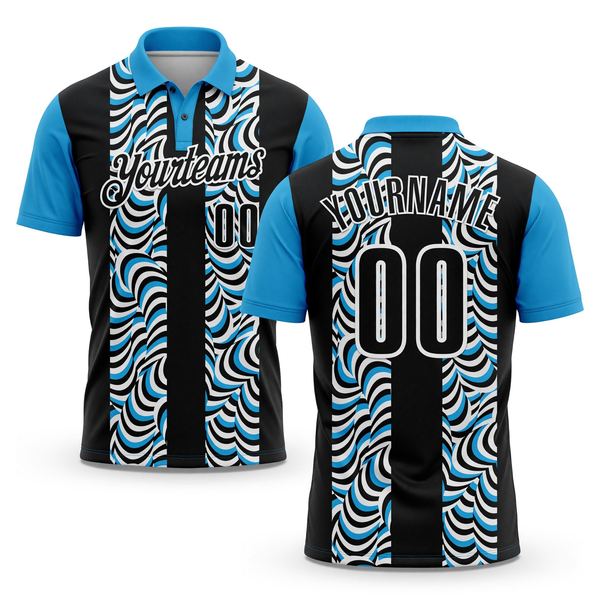 Custom Black Sky Blue-White 3D Bowling Geometric Shape Performance Polo Shirt