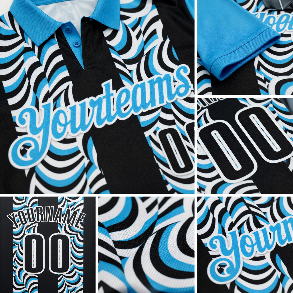 Custom Black Sky Blue-White 3D Bowling Geometric Shape Performance Polo Shirt detail