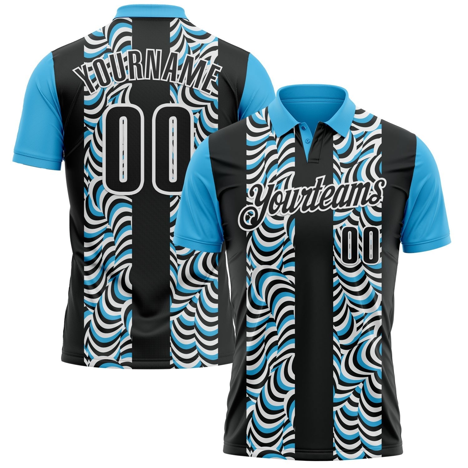 Custom Black Sky Blue-White 3D Bowling Geometric Shape Performance Polo Shirt photo 1