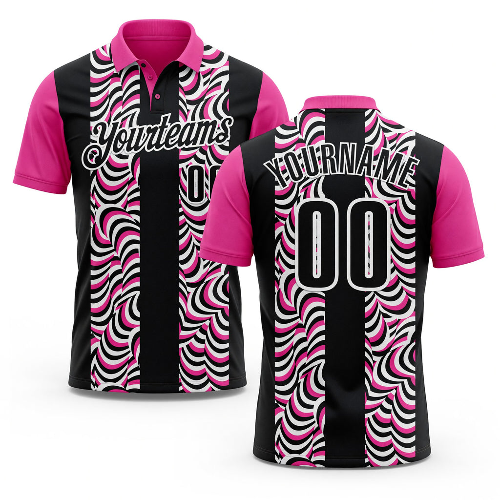 Custom Black Pink-White 3D Bowling Geometric Shape Performance Polo Shirt