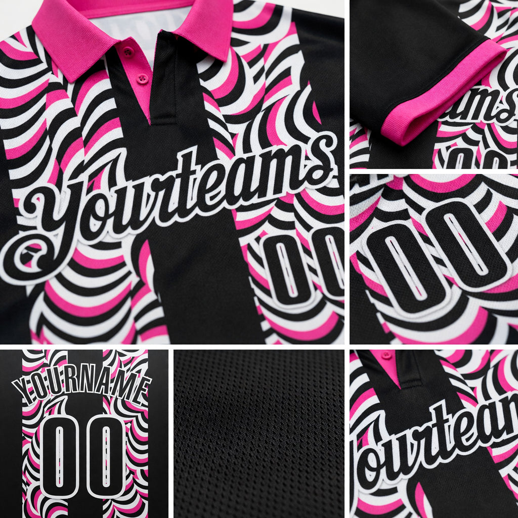 Custom Black Pink-White 3D Bowling Geometric Shape Performance Polo Shirt detail