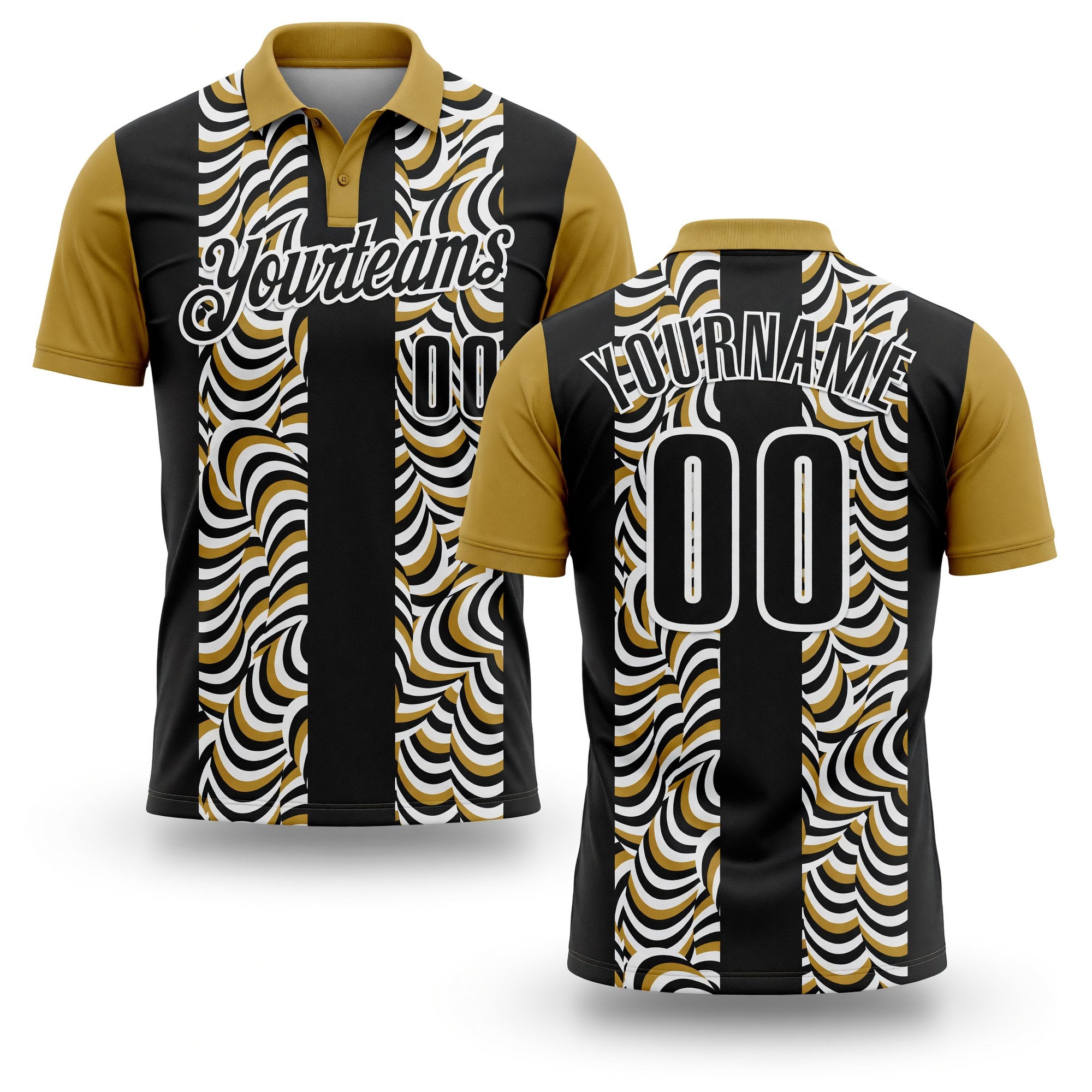 Custom Black Old Gold-White 3D Bowling Geometric Shape Performance Polo Shirt