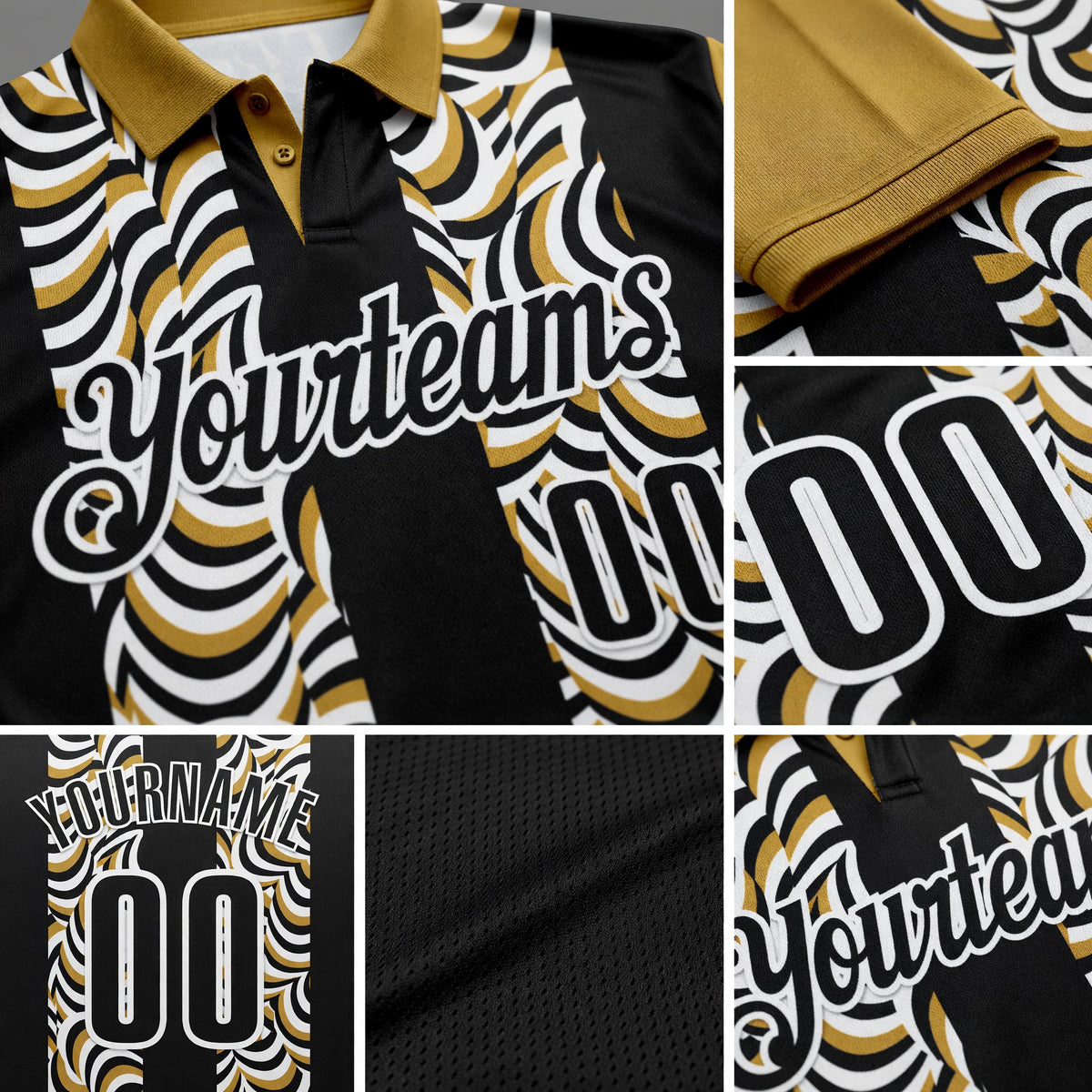 Custom Black Old Gold-White 3D Bowling Geometric Shape Performance Polo Shirt detail