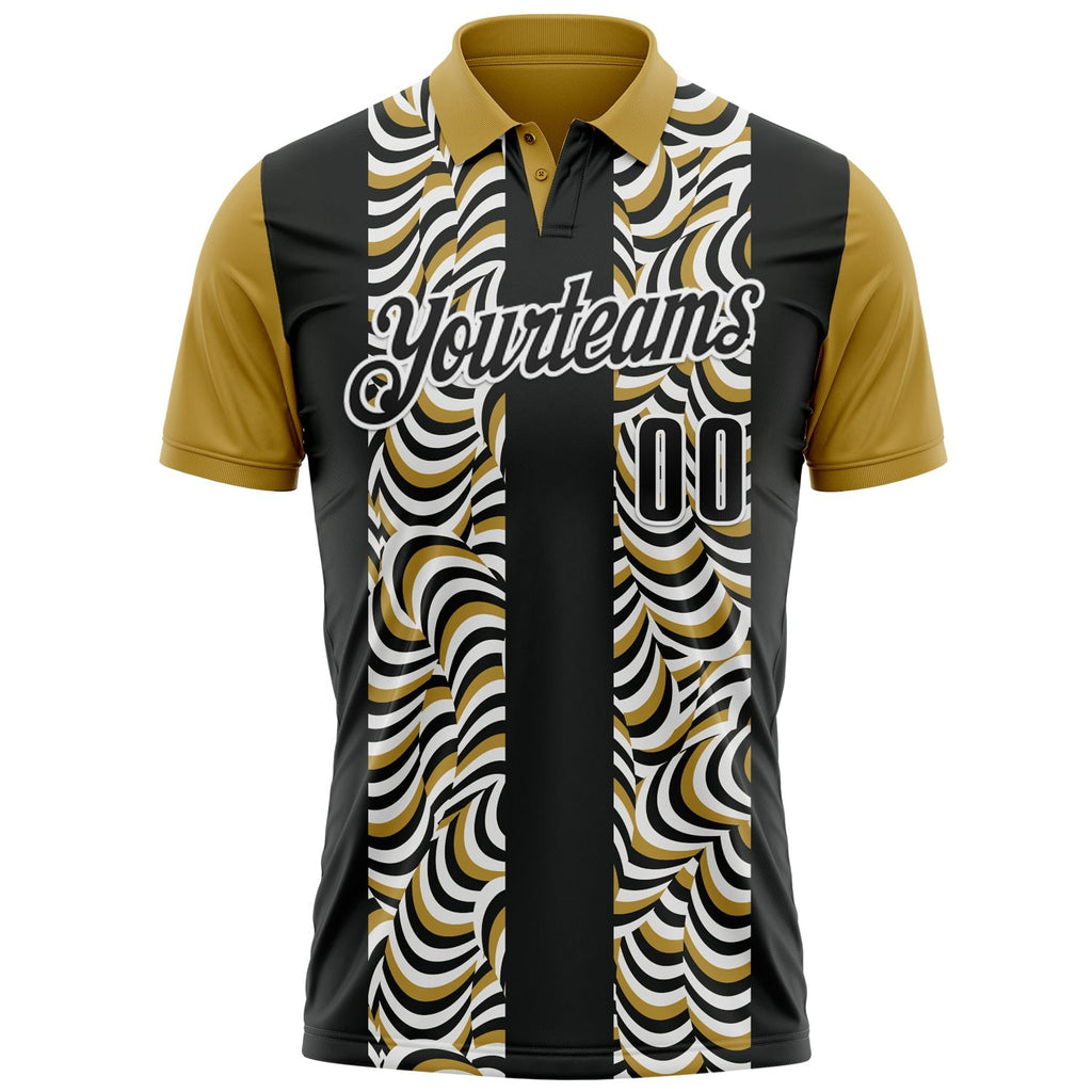 Custom Black Old Gold-White 3D Bowling Geometric Shape Performance Polo Shirt photo 2