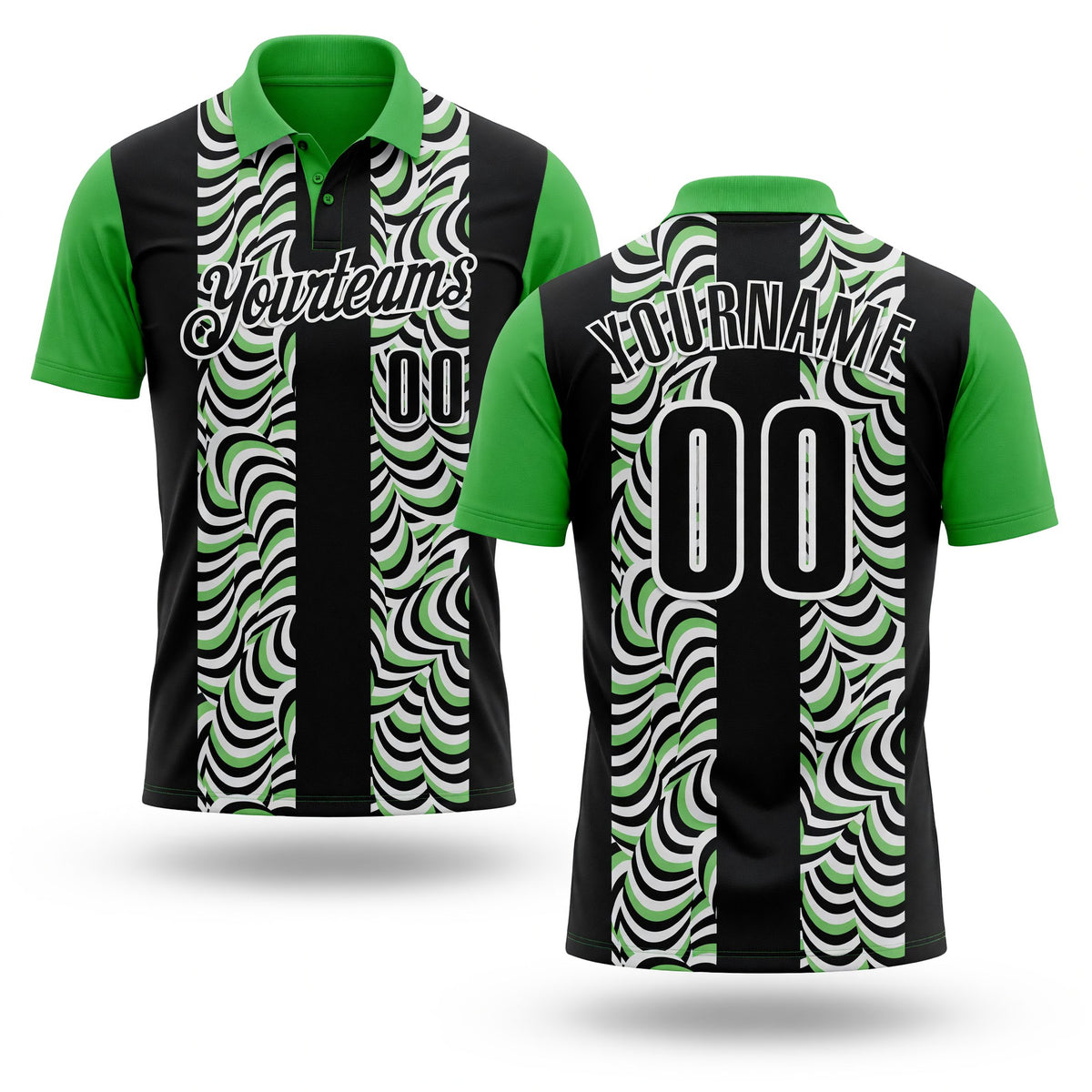 Custom Black Pea Green-White 3D Bowling Geometric Shape Performance Polo Shirt