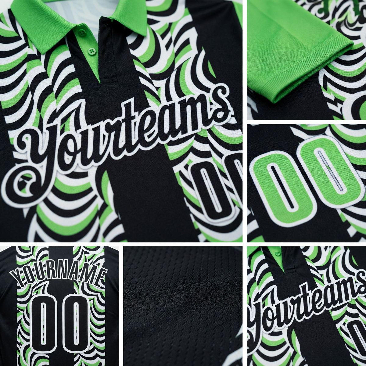 Custom Black Pea Green-White 3D Bowling Geometric Shape Performance Polo Shirt detail