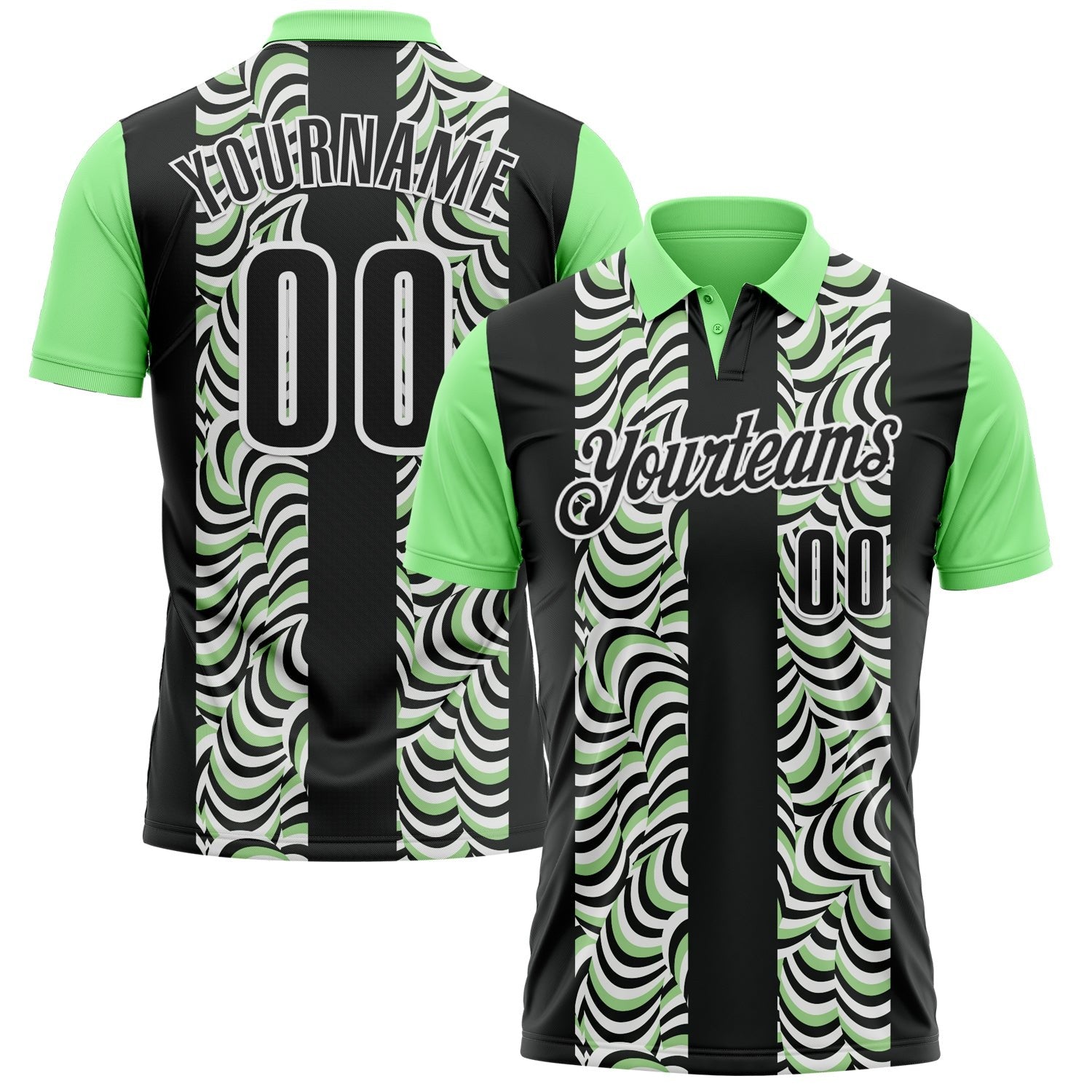 Custom Black Pea Green-White 3D Bowling Geometric Shape Performance Polo Shirt photo 1