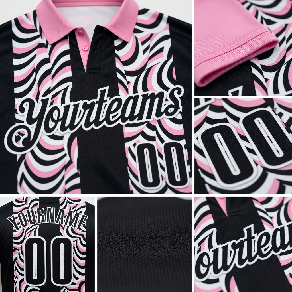Custom Black Light Pink-White 3D Bowling Geometric Shape Performance Polo Shirt detail