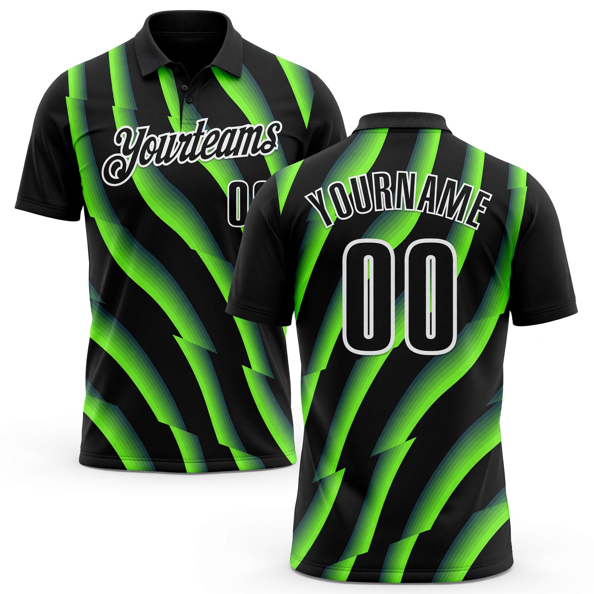 Custom Black Neon Green-White 3D Bowling Geometric Shape Performance Polo Shirt
