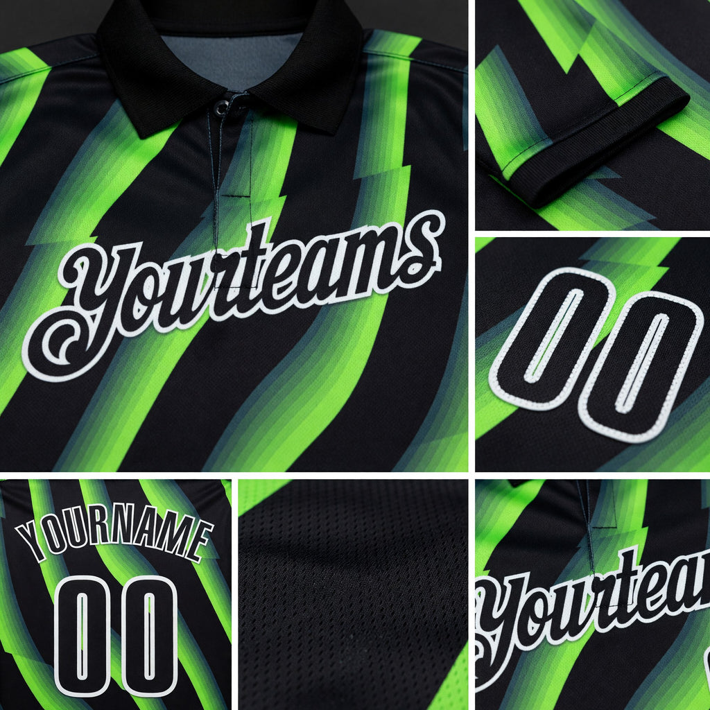 Custom Black Neon Green-White 3D Bowling Geometric Shape Performance Polo Shirt detail