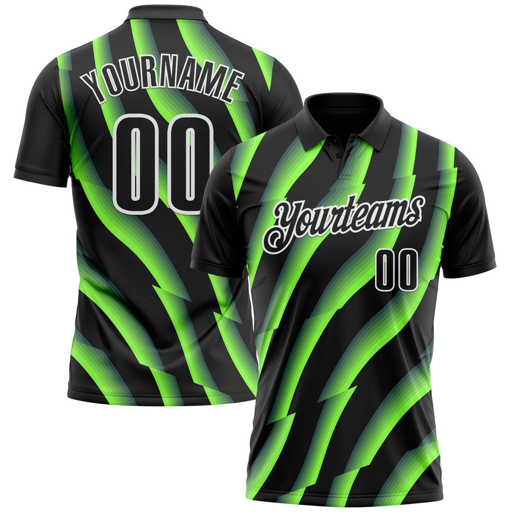 Custom Black Neon Green-White 3D Bowling Geometric Shape Performance Polo Shirt photo 1