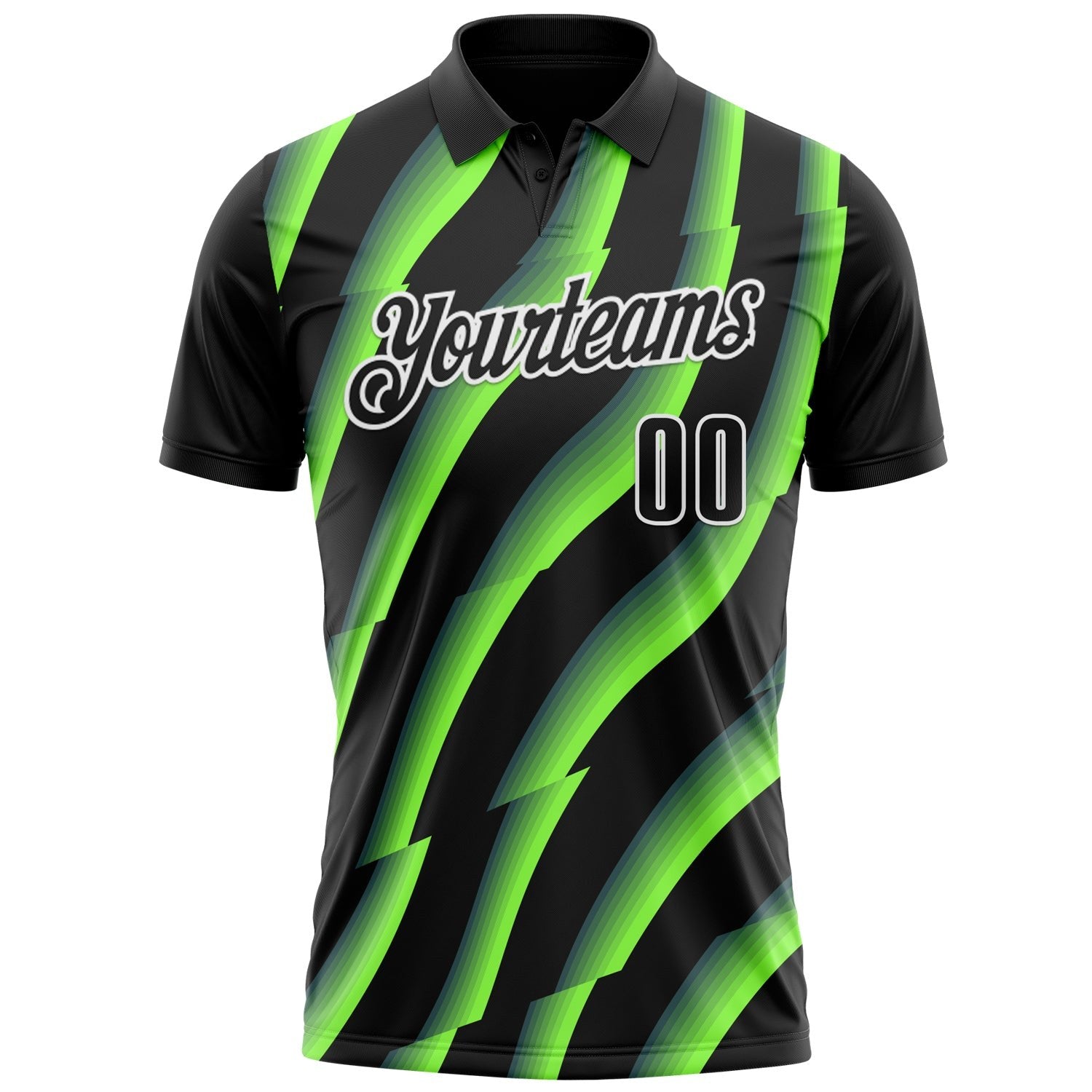 Custom Black Neon Green-White 3D Bowling Geometric Shape Performance Polo Shirt photo 2