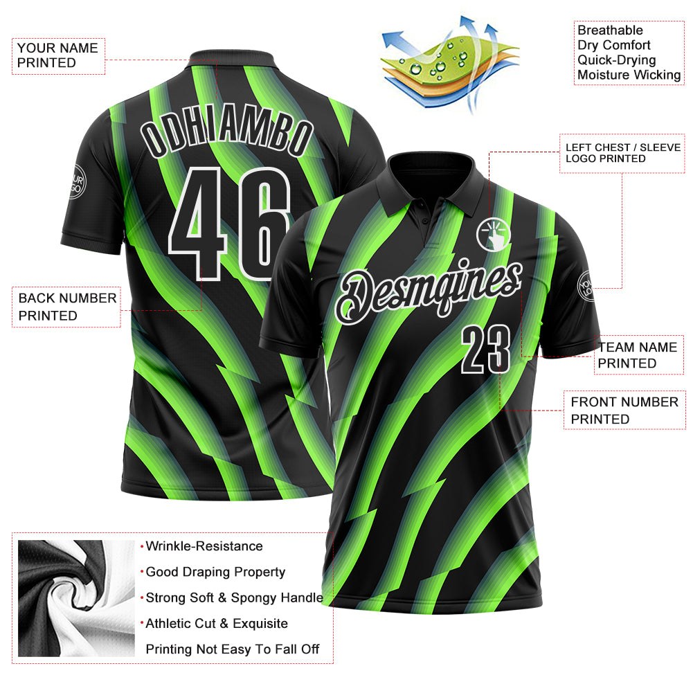 Custom Black Neon Green-White 3D Bowling Geometric Shape Performance Polo Shirt photo 3