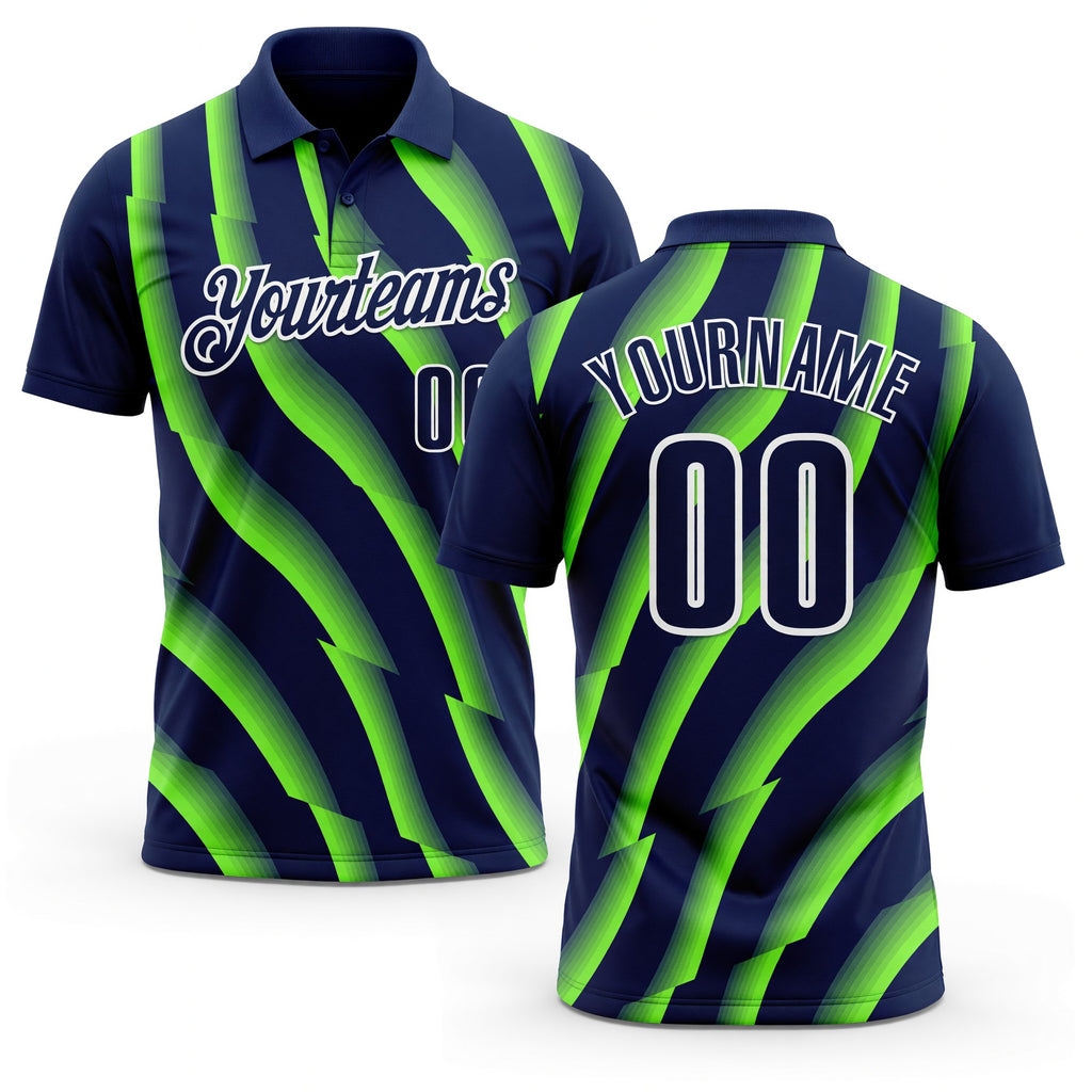 Custom Navy Neon Green-White 3D Bowling Geometric Shape Performance Polo Shirt
