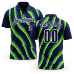 Custom Navy Neon Green-White 3D Bowling Geometric Shape Performance Polo Shirt