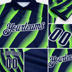 Custom Navy Neon Green-White 3D Bowling Geometric Shape Performance Polo Shirt detail