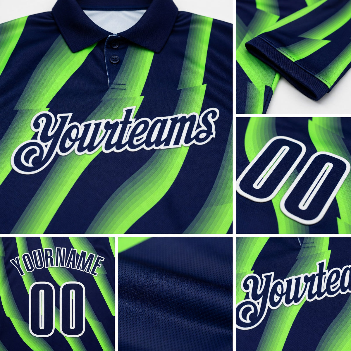 Custom Navy Neon Green-White 3D Bowling Geometric Shape Performance Polo Shirt detail