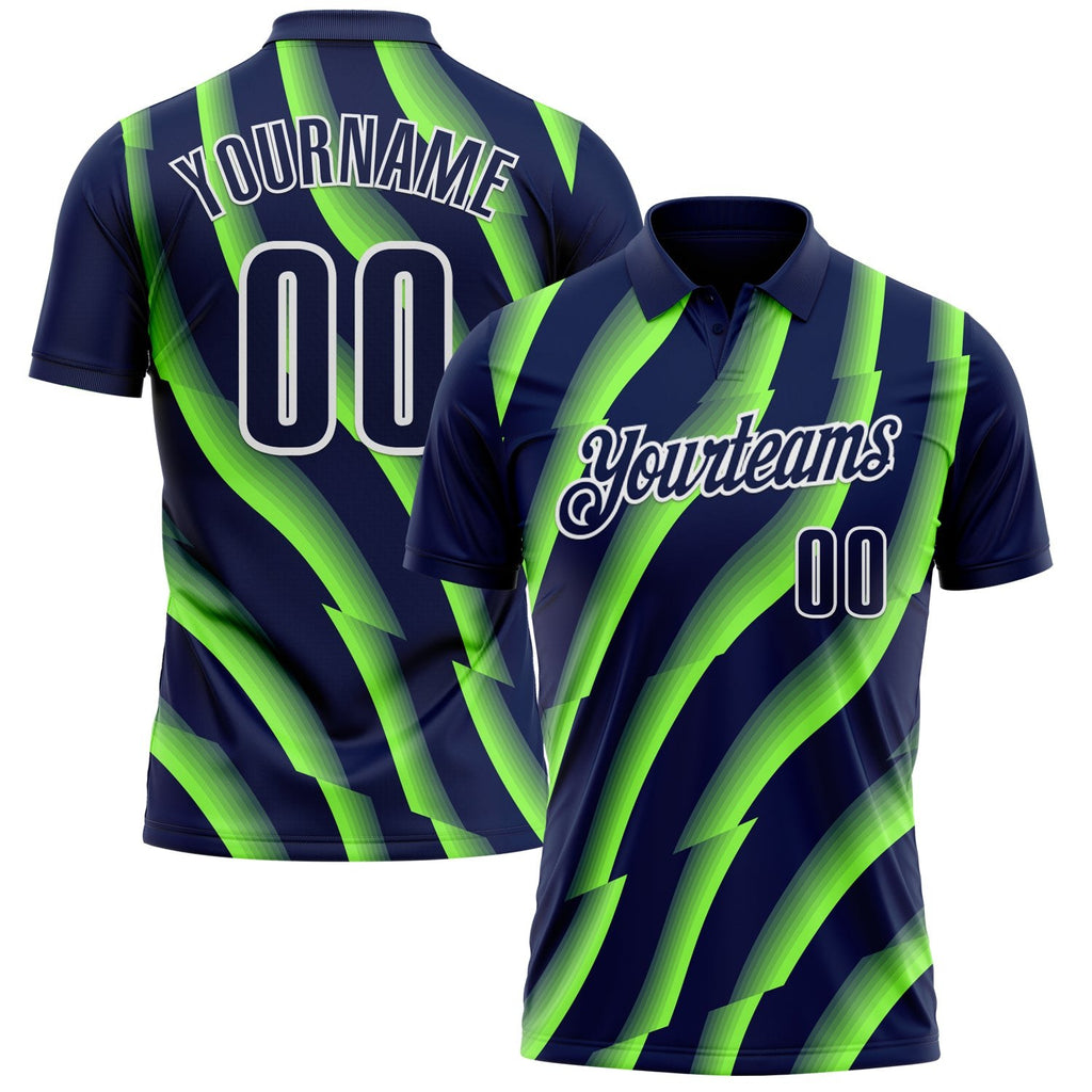 Custom Navy Neon Green-White 3D Bowling Geometric Shape Performance Polo Shirt photo 1
