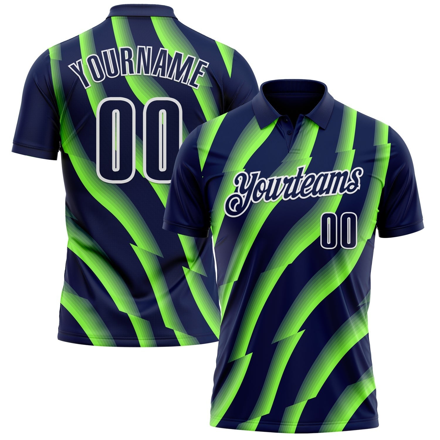 Custom Navy Neon Green-White 3D Bowling Geometric Shape Performance Polo Shirt photo 1