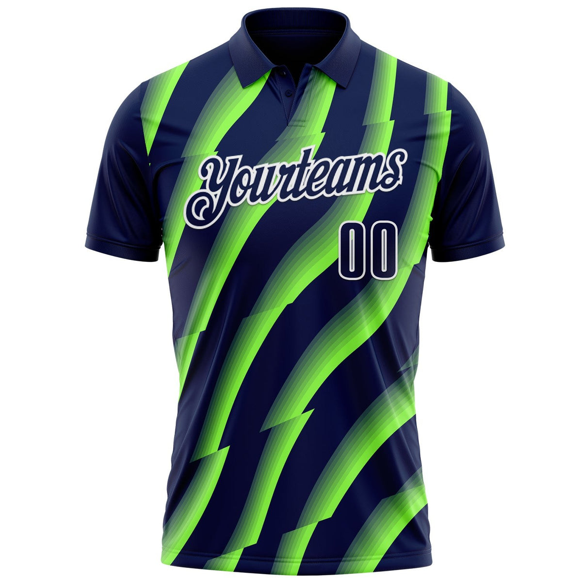 Custom Navy Neon Green-White 3D Bowling Geometric Shape Performance Polo Shirt photo 2