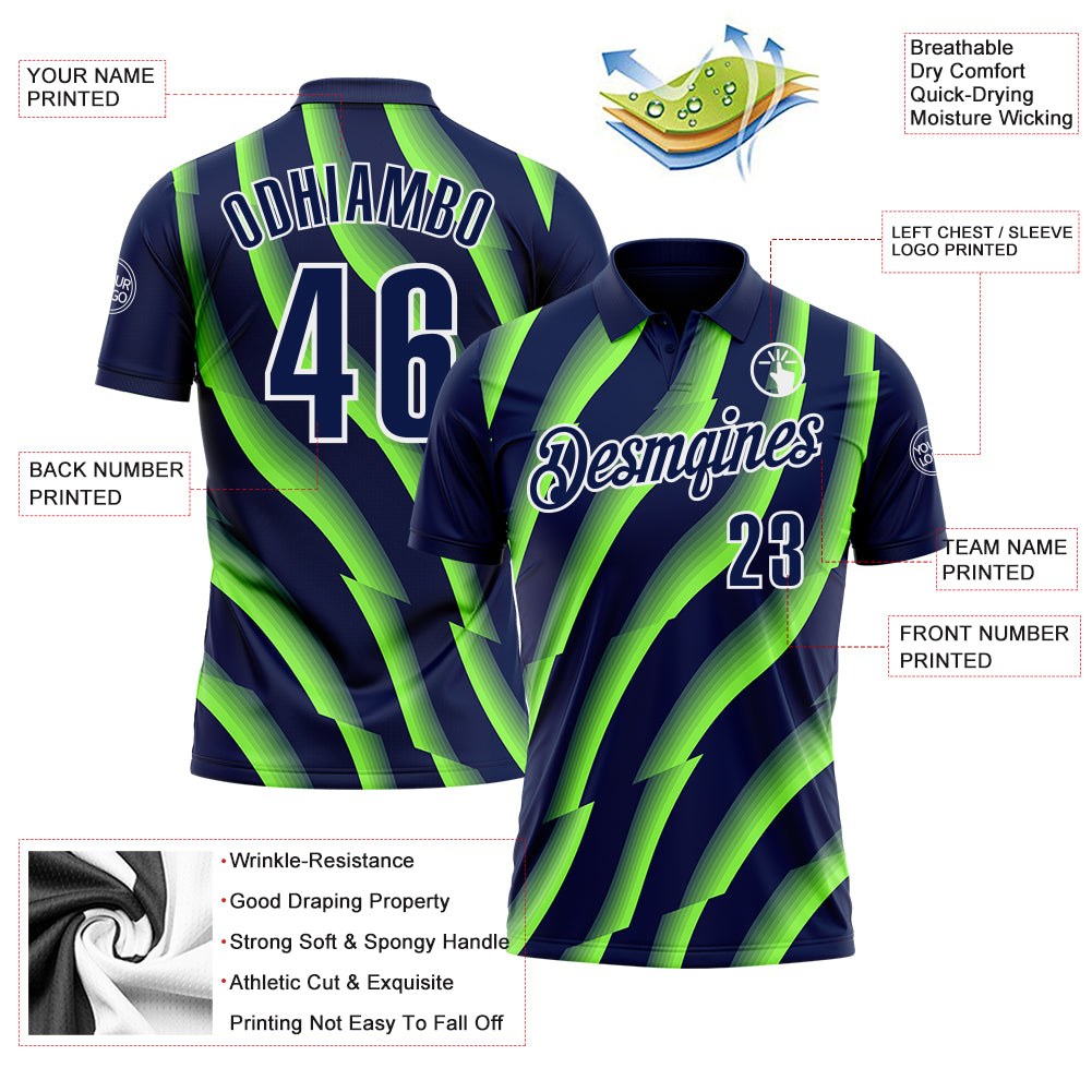 Custom Navy Neon Green-White 3D Bowling Geometric Shape Performance Polo Shirt photo 3