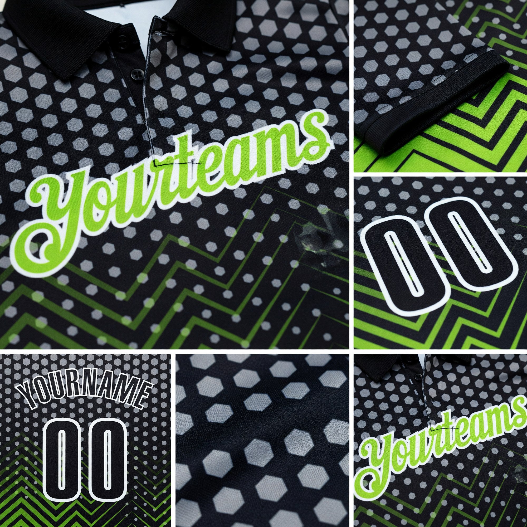 Custom Black Neon Green-Gray 3D Bowling Geometric Shape Performance Polo Shirt detail