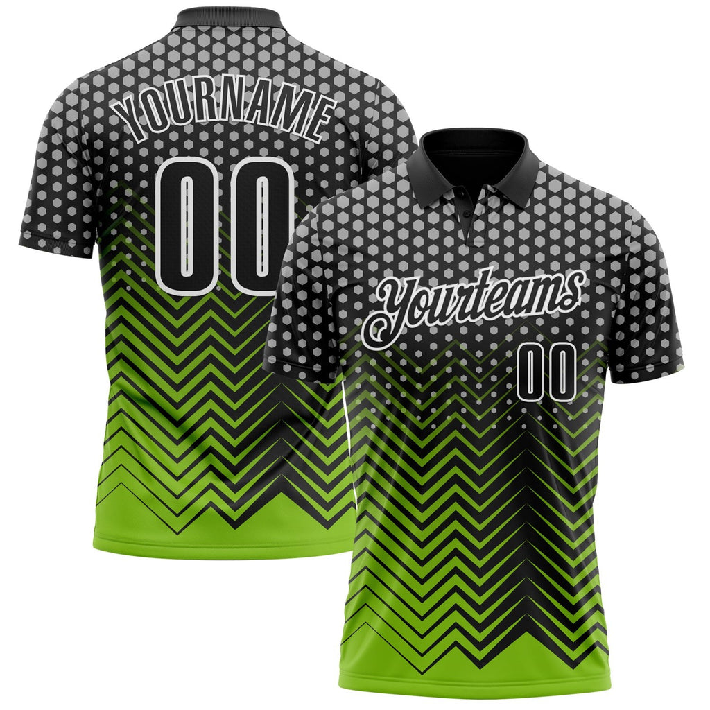 Custom Black Neon Green-Gray 3D Bowling Geometric Shape Performance Polo Shirt photo 1