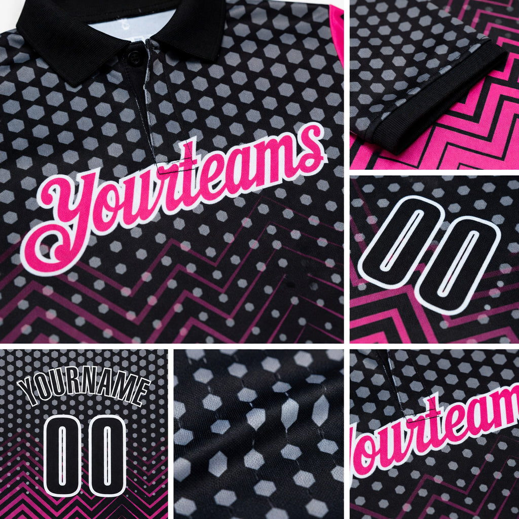 Custom Black Pink-Gray 3D Bowling Geometric Shape Performance Polo Shirt detail