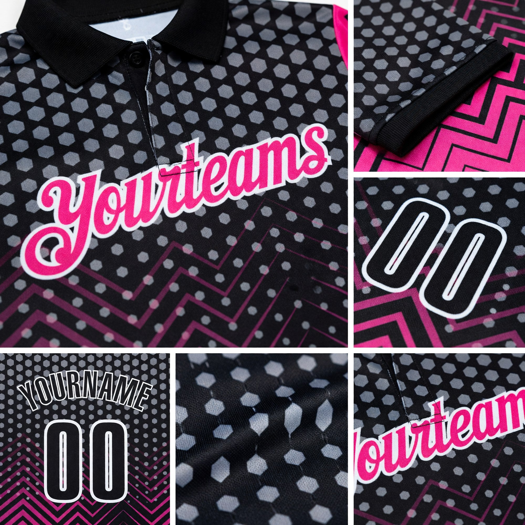 Custom Black Pink-Gray 3D Bowling Geometric Shape Performance Polo Shirt detail