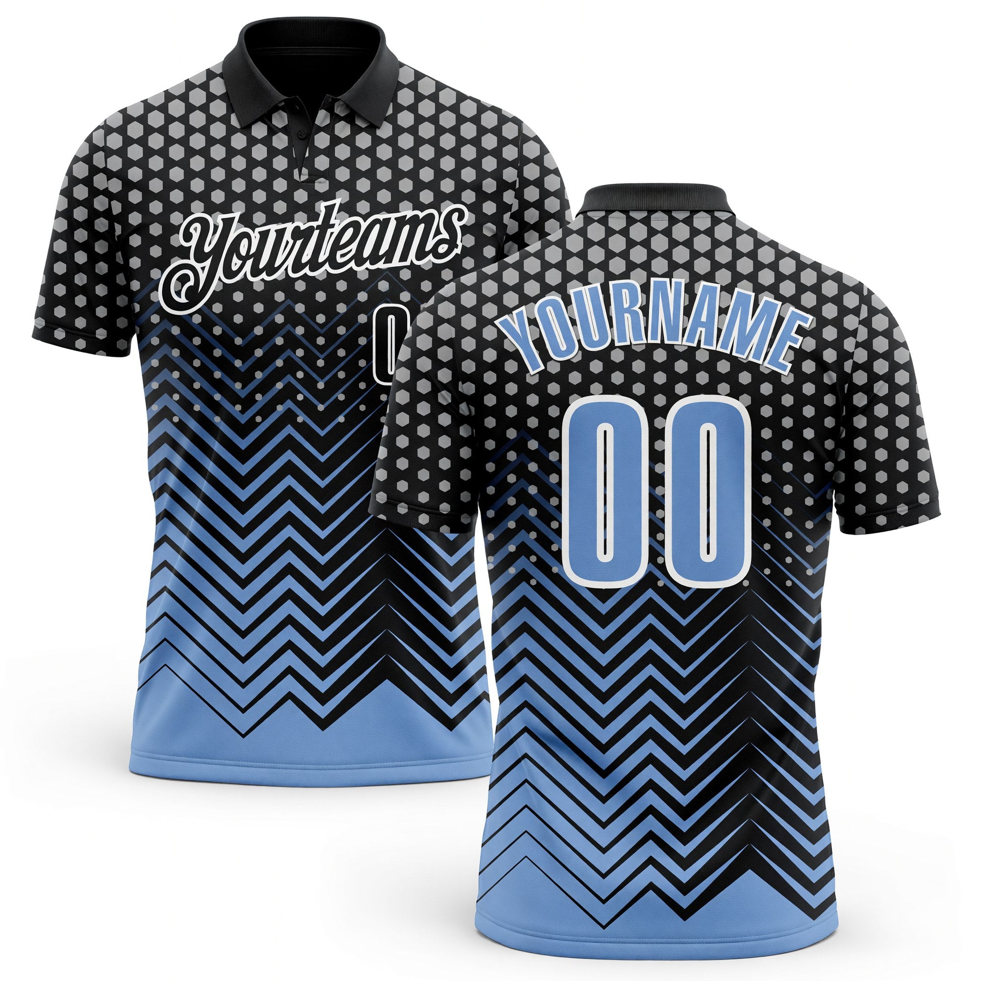 Custom Black Light Blue-Gray 3D Bowling Geometric Shape Performance Polo Shirt